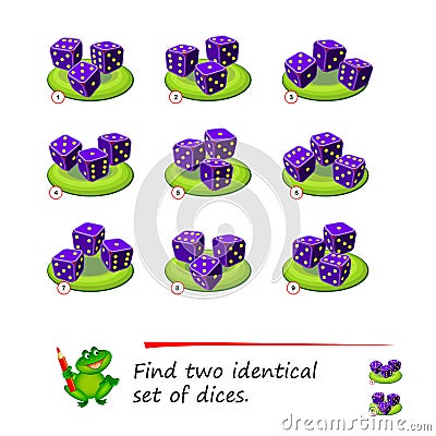 Logic puzzle game for children and adults. Find two identical sets of dices. Memory training exercises for seniors. Printable page Vector Illustration