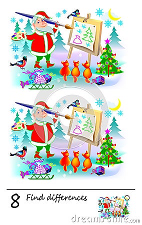 Logic puzzle game for children and adults. Need to find 8 differences. Developing skills for counting. Vector cartoon image. Vector Illustration