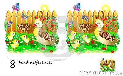 Logic puzzle game for children and adults. Need to find 8 differences. Developing skills for counting. Vector Illustration