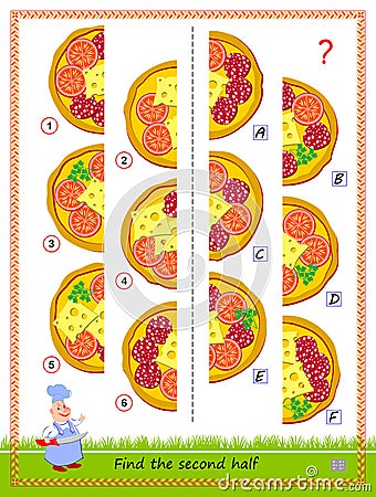 Logic puzzle game for children and adults. Need to find second half of each pizza. Educational page for kids. IQ training test. Vector Illustration