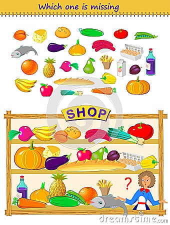 Logic puzzle game for children and adults. What product sales girl forgot to put on the shelf? Which one is missing? Brain teaser Vector Illustration