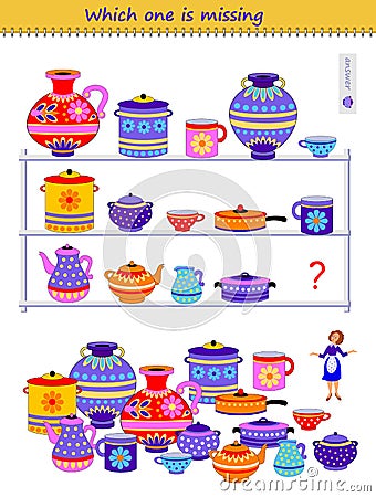 Logic puzzle game for children and adults. Which cookware is missing in kitchen shelf? Find the correct. Memory exercises for Vector Illustration