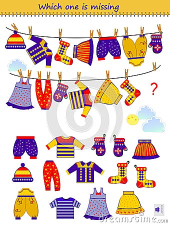 Logic puzzle game for children and adults. Which one of the clothes is missing? Find the lost dress. Printable page for kids brain Vector Illustration