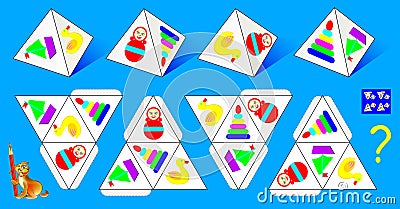 Logic puzzle game for children and adults. Which pattern corresponds to each of the pyramids? Vector Illustration