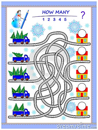 Logic puzzle game for children with labyrinth. Count quantity of Christmas trees in lorries and write the numbers on houses. Vector Illustration