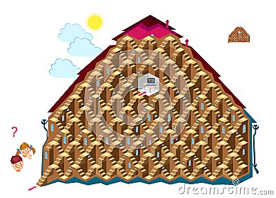 Logic puzzle game with 3d labyrinth. Help the children find the way to the computer room. Worksheet for brain teaser book. Play Vector Illustration