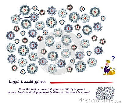 Logic puzzle game. Draw the lines to connect all gears successively in groups. In each closed circuit they must be different. Vector Illustration
