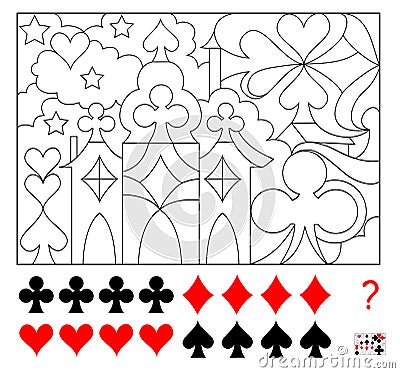 Logic puzzle game. Find four times of each card suits hidden in the picture and paint them. Worksheet page for children and adults Vector Illustration