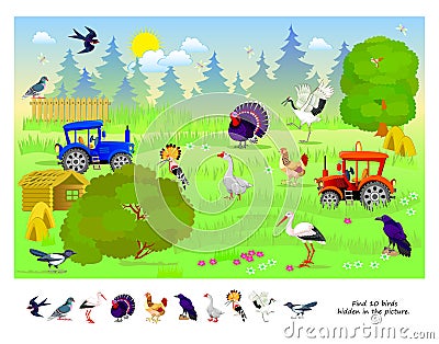 Logic puzzle game for kids. Find 10 birds hidden in the picture. Educational page for children. Developing counting skills. Play Vector Illustration