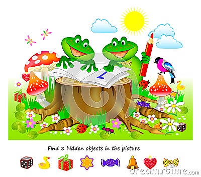 Logic puzzle game for kids. Find 8 hidden objects in the picture. Educational page for children. Developing counting skills. Play Vector Illustration