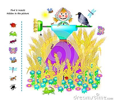 Logic puzzle game for kids. Find 8 insects hidden in the picture. Educational page for children. Developing counting skills. Play Vector Illustration