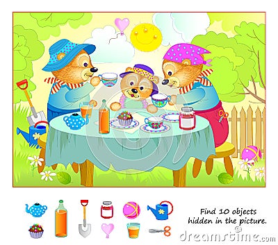 Logic puzzle game for kids. Find 10 objects hidden in the picture. Cute bear family at breakfast. Educational page for children. Vector Illustration