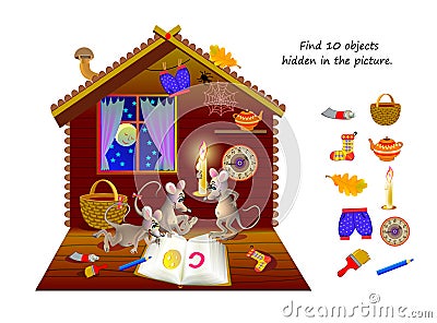 Logic puzzle game for kids. Find 10 objects hidden in the picture. Cute mice read book at night. Educational page for children. Vector Illustration