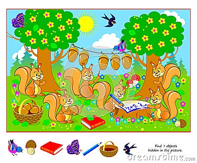 Logic puzzle game for kids. Find 7 objects hidden in the picture. Educational page for children. Developing counting skills. Play Vector Illustration
