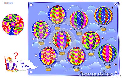 Logic puzzle game for kids. Find which of flying balloons corresponds to the top view on drawing. Brain Teaser book. Development Vector Illustration