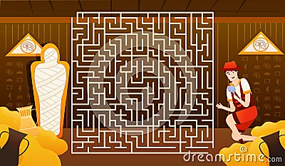 Logic puzzle game for kids, help archaelogist to find way to the mummy in pyramid, ancient egypt concept, explorer Vector Illustration