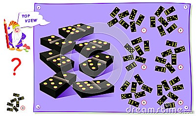 Logic puzzle game for kids. Need to find correct top view of domino blocks. Worksheet for school textbook. Vector Illustration