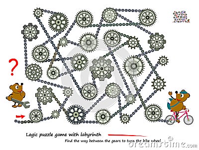 Logic puzzle game with labyrinth for children and adults. Find the way between the gears to turn the bike wheel. Printable Vector Illustration