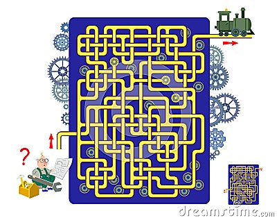 Logic puzzle game with labyrinth for children and adults. Help the engineer find the way to the locomotive. Draw the line. Vector Illustration