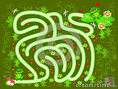 Logic puzzle game with labyrinth for children and adults. Help the little frog find the way in the swamp till his friend. Vector Illustration