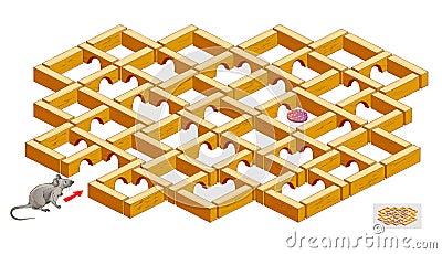Logic puzzle game with labyrinth for children and adults. Help the mouse find the way till the sausage. Worksheet for kids brain Vector Illustration
