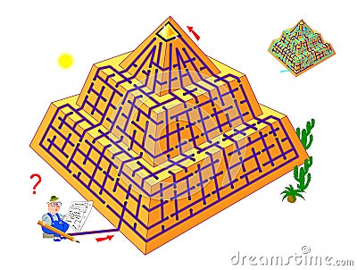 Logic puzzle game with labyrinth for children and adults. Help the scientist find the way in ancient pyramid to gold treasure. Vector Illustration