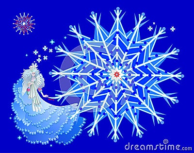 Logic puzzle game with labyrinth for children and adults. Help the snow queen find the way in snowflake to magic star. Worksheet Vector Illustration