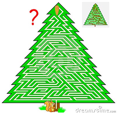 Logic puzzle game with labyrinth for children and adults. Help the squirrel find the way to the fir cone. Vector Illustration