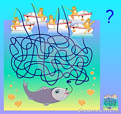 Logic puzzle game with labyrinth for children and adults. Which cat has caught the fish? Vector cartoon image. Vector Illustration