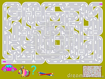 Logic puzzle game with labyrinth. Need to draw the way for car from start till end. Vector Illustration