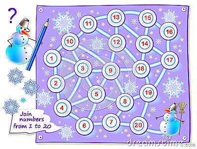 Logic puzzle game for little children with labyrinth for brainteaser book. Draw path to connect numbers from 1 to 20. Vector Illustration