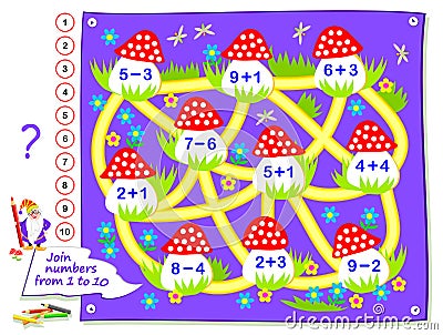 Logic puzzle game for little children. Math labyrinth for kids school textbook. Solved examples, draw path to connect mushrooms. Vector Illustration