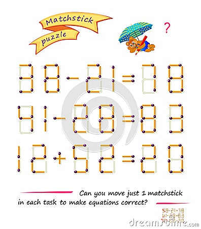 Logic puzzle game with matches. Can you move just 1 matchstick in each task to make equations correct? Exercises on addition and Vector Illustration