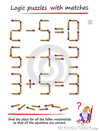 Logic puzzle game with matches. Find place for all fallen matchsticks so that all equations are correct. Math tasks on addition Vector Illustration