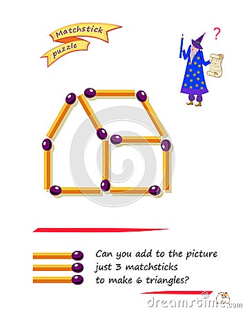 Logic puzzle game with matches for smartest. Can you add to the picture just 3 matchsticks to make 6 triangles? Page for brain Vector Illustration