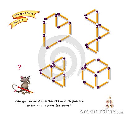 Logic puzzle game with matches for smartest. Can you move 4 matchsticks in each pattern so they all become the same? Page for Vector Illustration