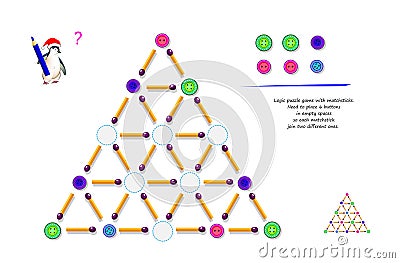 Logic puzzle game with matchsticks. Need to place 6 buttons in empty spaces so each matchstick join two different ones. Printable Vector Illustration