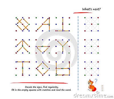 Logic puzzle game with matchsticks. What`s next? Decode the signs, find regularity, fill in the empty squares with matches and Vector Illustration