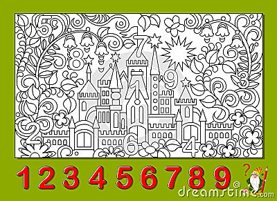 Logic puzzle game. Math education for young children. Find the numbers from 1 to 9 hidden in the picture and paint them. Coloring Vector Illustration