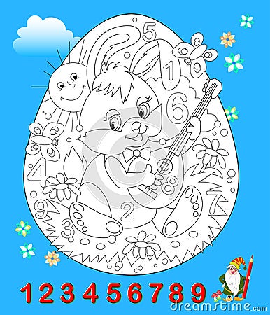 Logic puzzle game. Math education for young children. Find the numbers from 1 to 9 hidden in the picture and paint them. Coloring Vector Illustration