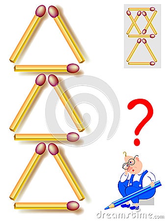 Logic puzzle game. Move two matchsticks to make seven triangles. Vector Illustration