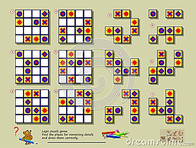 Logic puzzle game. Need to find correct places for each of geometrical figures to complete empty places. Vector Illustration