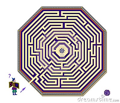 Logic puzzle game with octagonal labyrinth for children and adults. Help the wizard find the way to the center of maze. Worksheet Vector Illustration