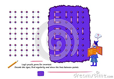 Logic puzzle game for smartest. Decode the signs, find regularity and draw the lines between points. Page for brain teaser book. Vector Illustration