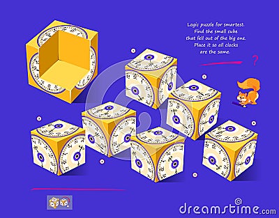 Logic puzzle game for smartest. Find the small cube that fell out of the big one. Place it so all clocks are the same. Page for Vector Illustration