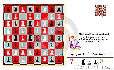 Logic puzzle game for smartest. Move figures on chessboard in 5 moves so you get 1 horizontal and 1 vertical line. Vector Illustration