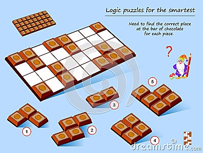 Logic puzzle game for smartest. Need to find the correct place at the bar of chocolate for each piece. Vector Illustration