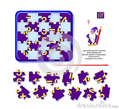 Logic puzzle game for smartest. Solve examples and place the details in empty spaces. Find solution so all equations are correct. Vector Illustration
