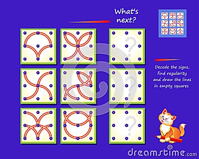 Logic puzzle game for smartest. What`s next? Decode the signs, find regularity and draw the lines in empty squares. Page for brai Vector Illustration