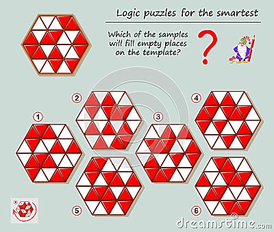 Logic puzzle game for smartest. Which of the samples will fill empty places on the template? Printable page for brainteaser book. Vector Illustration